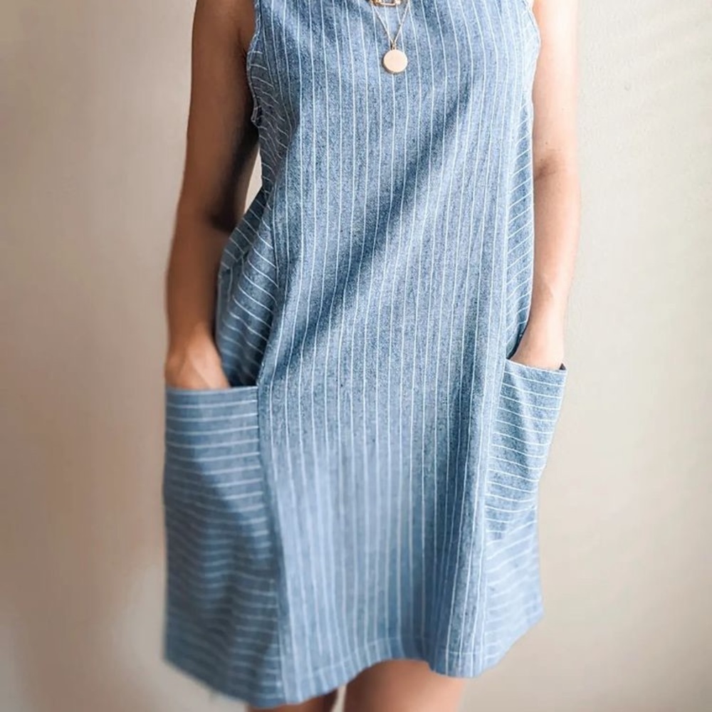 Chambray Pinstripe Dress, Size Large
